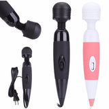 Image displaying three Fairy AV Massagers, available at 69 Vibrations Kenya. These handheld massagers feature a cylindrical shape and a spherical head. One is black, another is black with a matching head, and the third is pink with a white head. Each model includes a ridged neck, switch button, and detachable power cord.