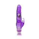 The Crystal Climbing Rabbit Vibrator from 69Vibrations is a versatile, purple dual-action vibrator featuring a phallic shape with a smaller bunny-shaped clitoral stimulator attached near the base. This multi-functional sex toy includes textured details and a twist-operated control mechanism at the bottom.