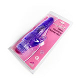 The pink product packaging of a Crystal Climbing Rabbit Vibrator by 69Vibrations, available at an adult shop in Kenya, showcases a translucent purple dildo with a textured shaft and small external stimulator. The packaging highlights features like being waterproof and having multiple speed settings.